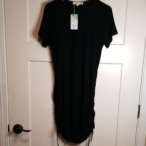 Nenona Black Ribbed Short Sleeve Drawstring Midi Dress With Ruche Sides L NWT